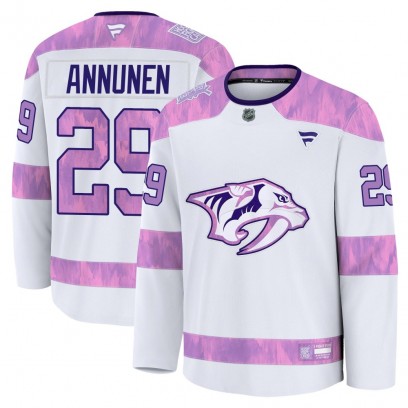 Men's Premium Nashville Predators Justus Annunen Fanatics 2024 Hockey Fights Cancer Practice Jersey - White