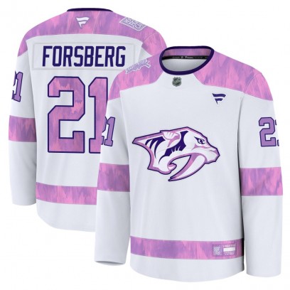 Men's Premium Nashville Predators Peter Forsberg Fanatics 2024 Hockey Fights Cancer Practice Jersey - White