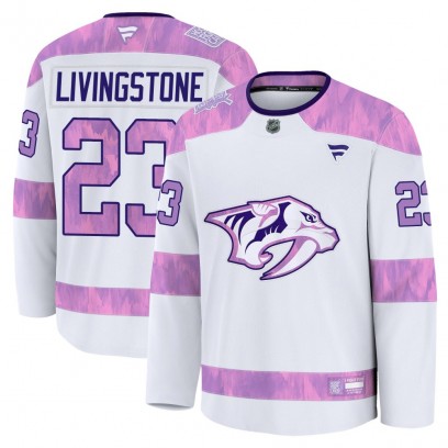 Men's Premium Nashville Predators Jake Livingstone Fanatics 2024 Hockey Fights Cancer Practice Jersey - White