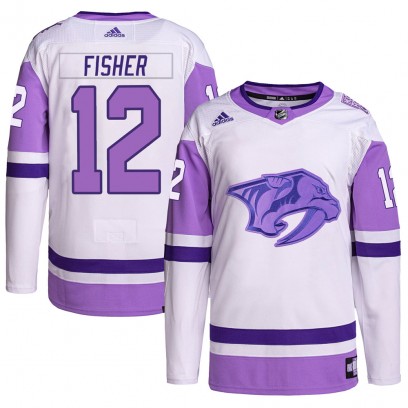 Men's Authentic Nashville Predators Mike Fisher Adidas Hockey Fights Cancer Primegreen Jersey - White/Purple