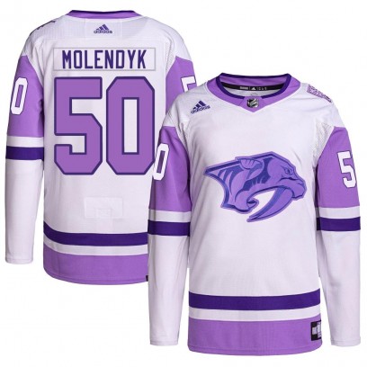 Men's Authentic Nashville Predators Tanner Molendyk Adidas Hockey Fights Cancer Primegreen Jersey - White/Purple