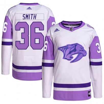 Men's Authentic Nashville Predators Cole Smith Adidas Hockey Fights Cancer Primegreen Jersey - White/Purple
