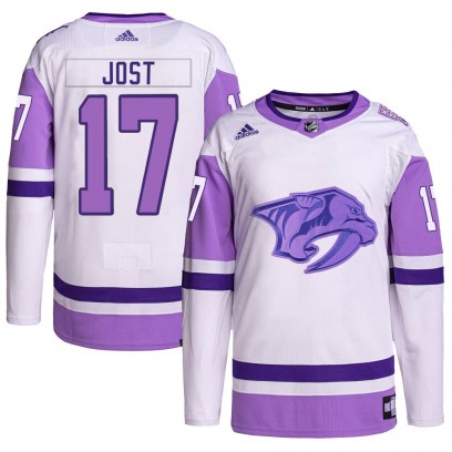 Youth Authentic Nashville Predators Tyson Jost Adidas Hockey Fights Cancer Primegreen Jersey - White/Purple