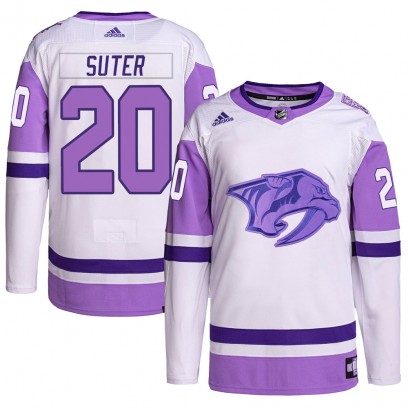 Youth Authentic Nashville Predators Ryan Suter Adidas Hockey Fights Cancer Primegreen Jersey - White/Purple