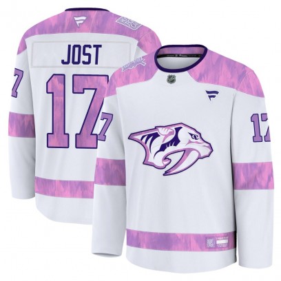 Youth Premium Nashville Predators Tyson Jost Fanatics 2024 Hockey Fights Cancer Practice Jersey - White