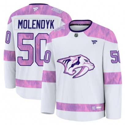 Youth Premium Nashville Predators Tanner Molendyk Fanatics 2024 Hockey Fights Cancer Practice Jersey - White